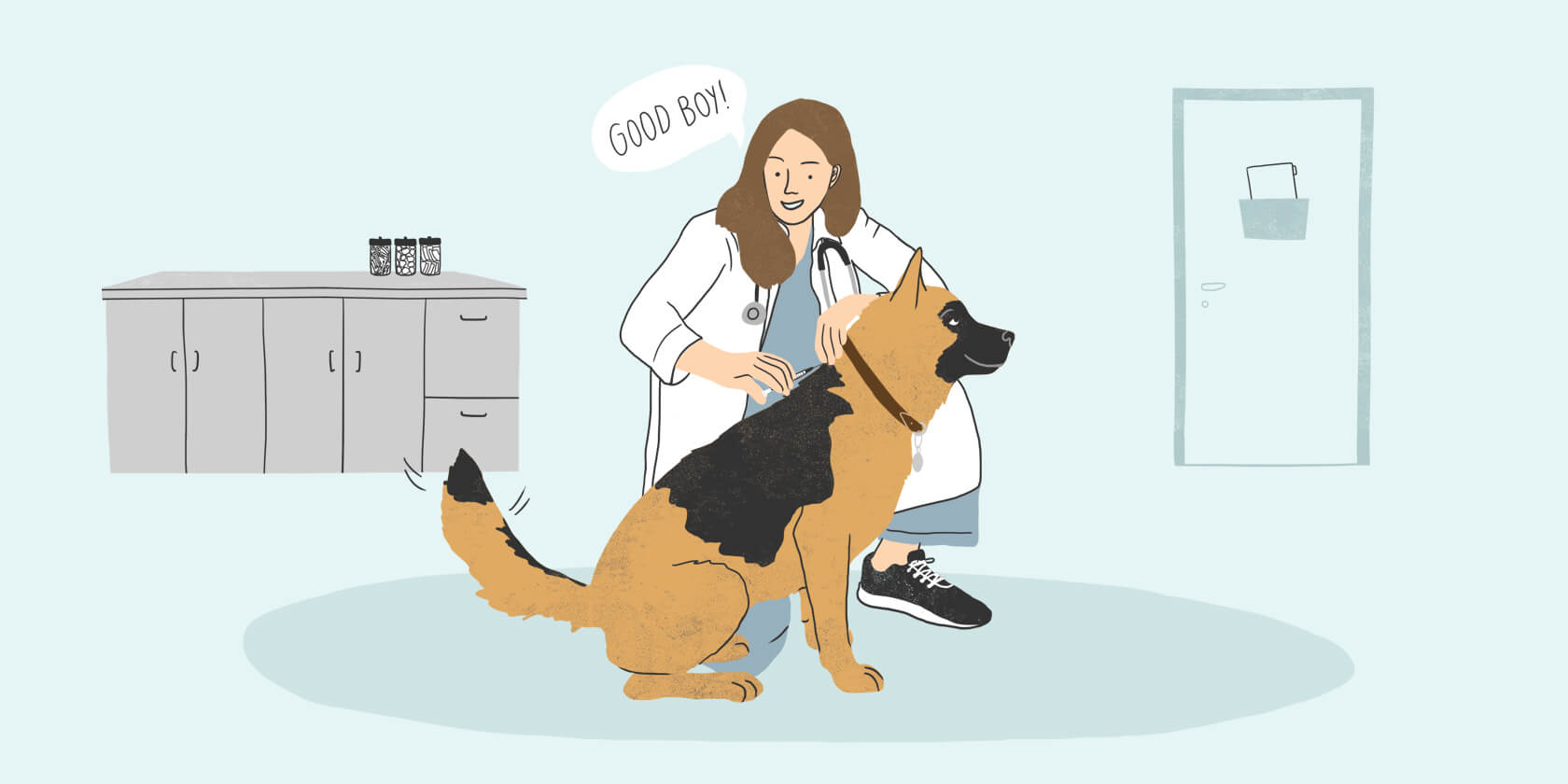 Doctor calling dog 'good boy'