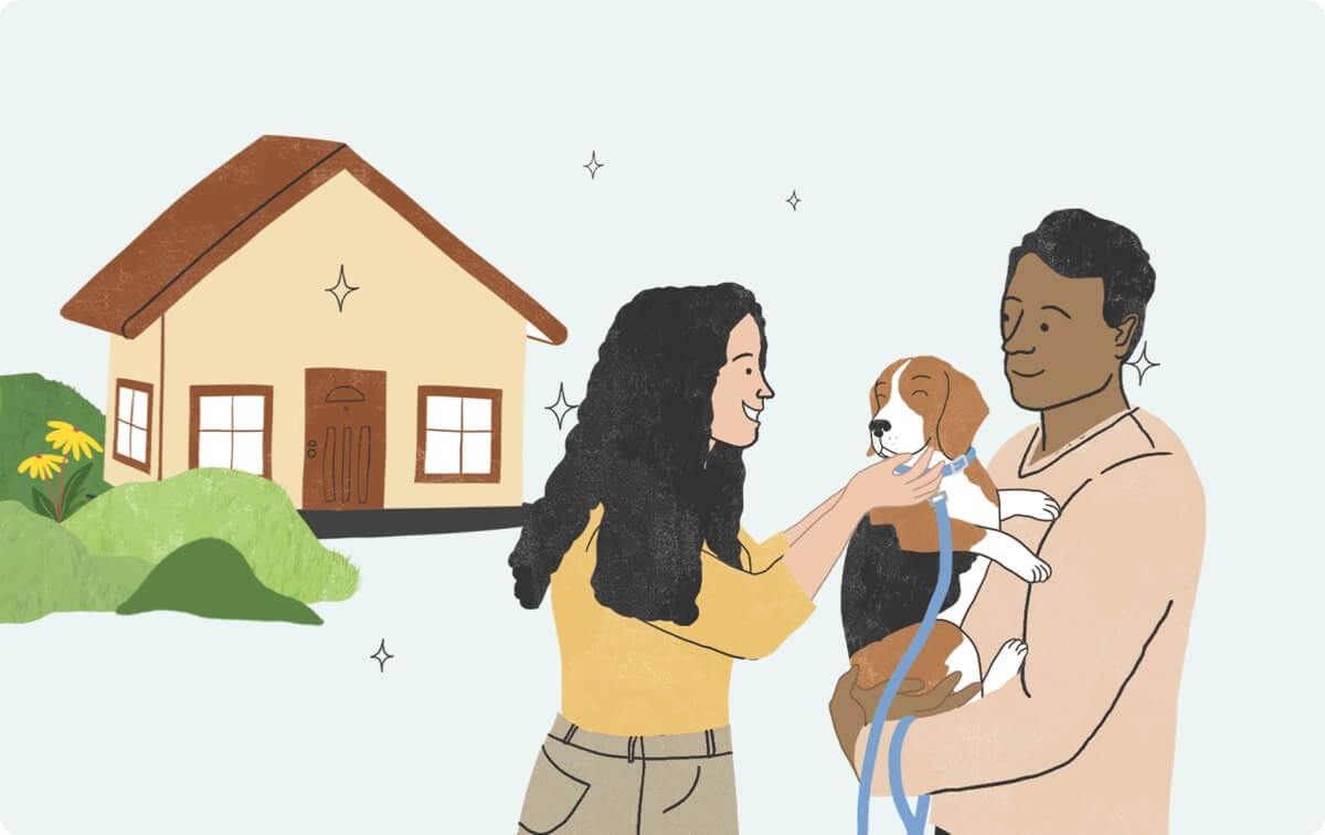 Illustration of dog with his parents outside their home