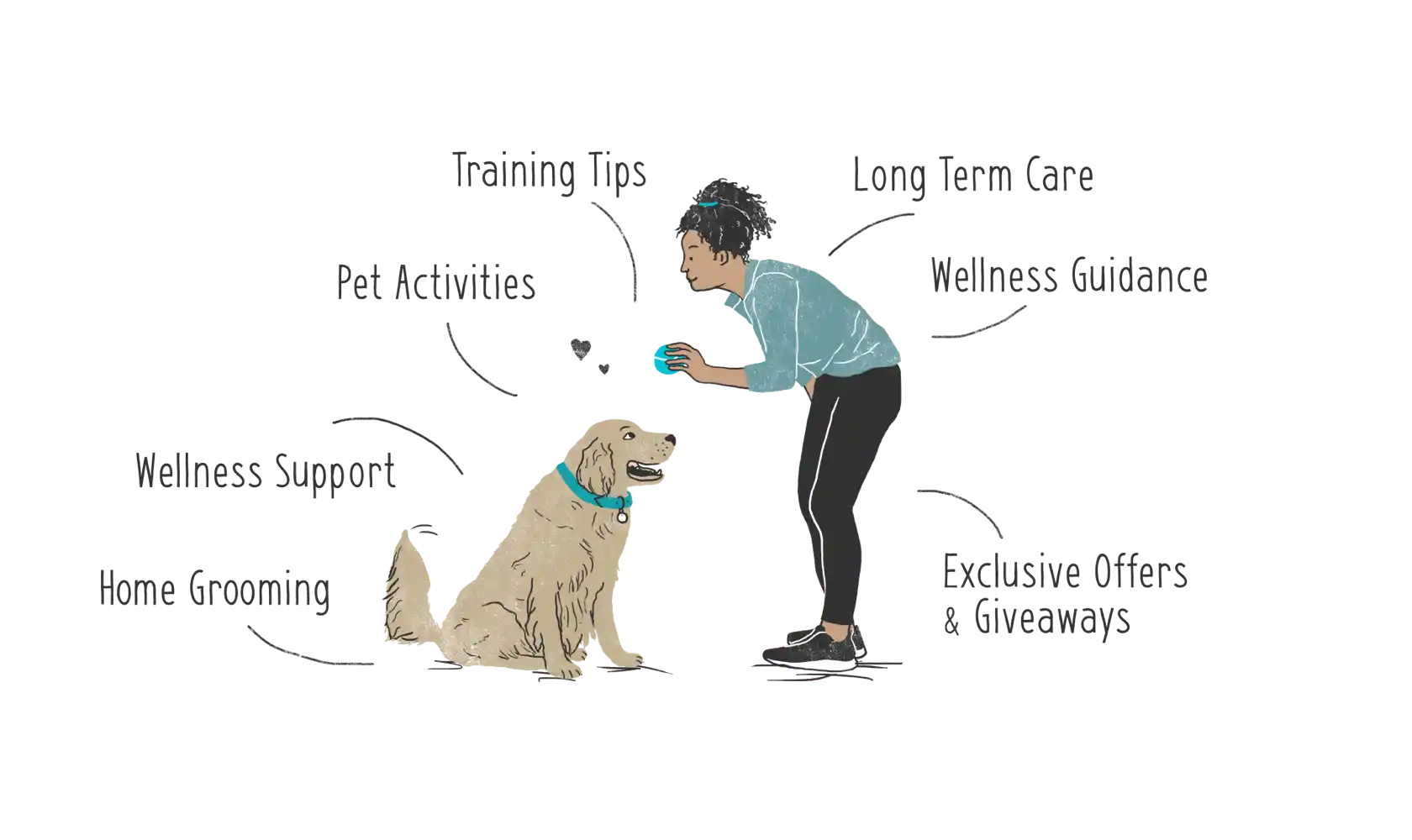 Training tips, long term care, pet activities, wellness guidance, wellness support, home grooming, exclusive offers & giveaways