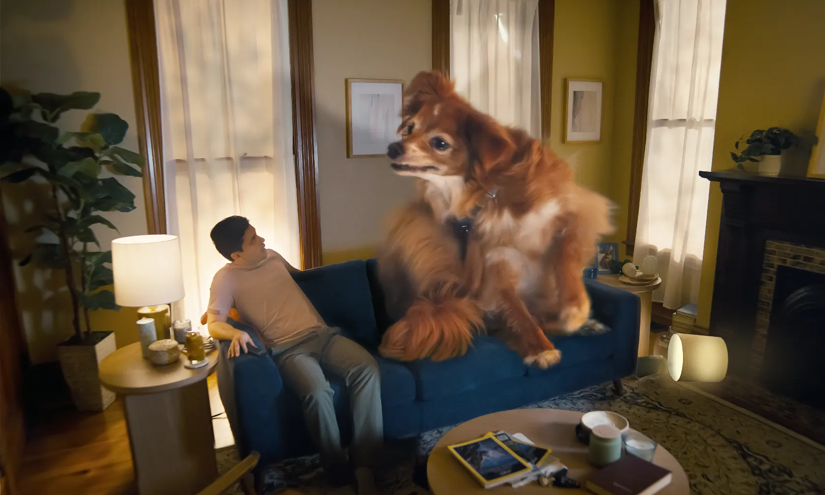 Oversized dog on couch scratching itself