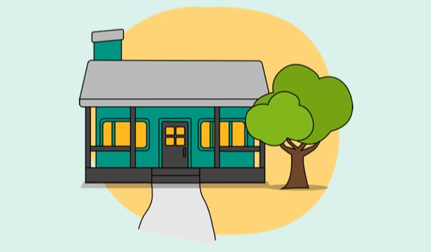 Illustration of a house with a tree in front of it.