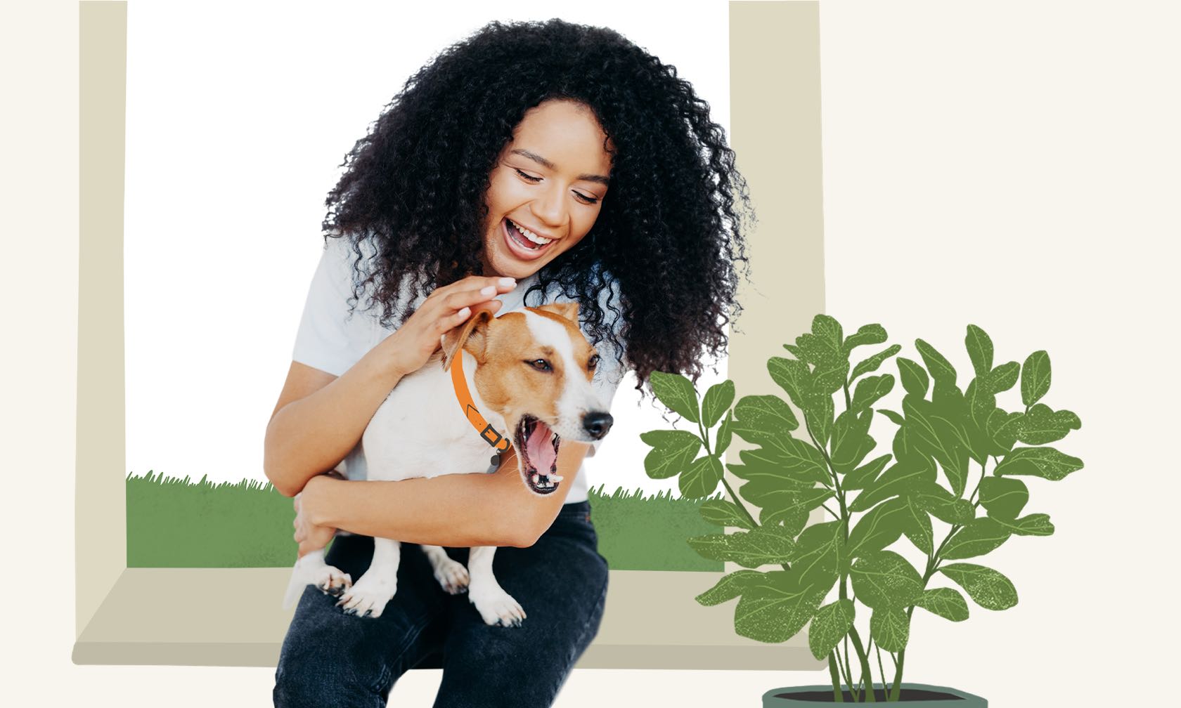 A woman holding a small dog next to a potted plant.