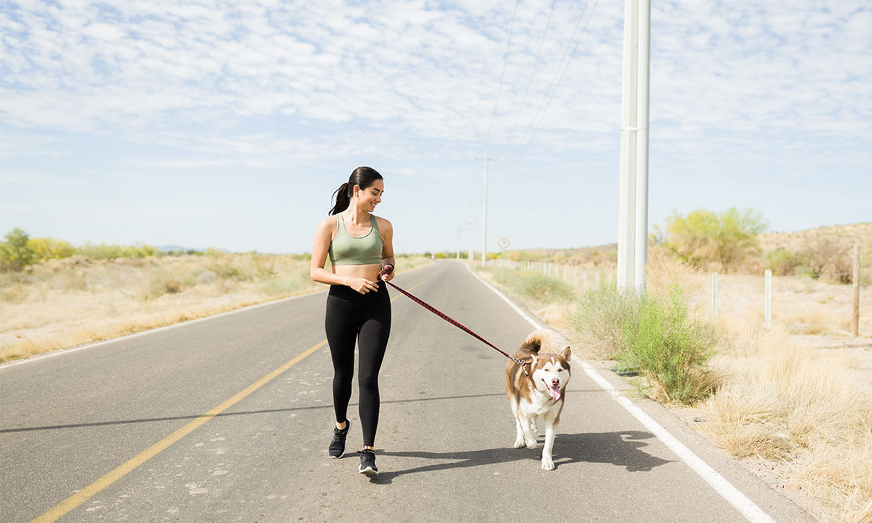 A woman walking a dog on a leash down a road.