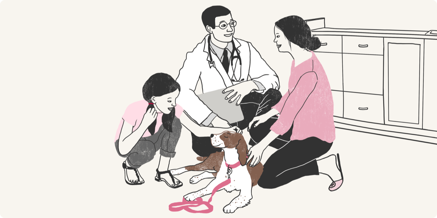 Illustrated veterinarian talking with family