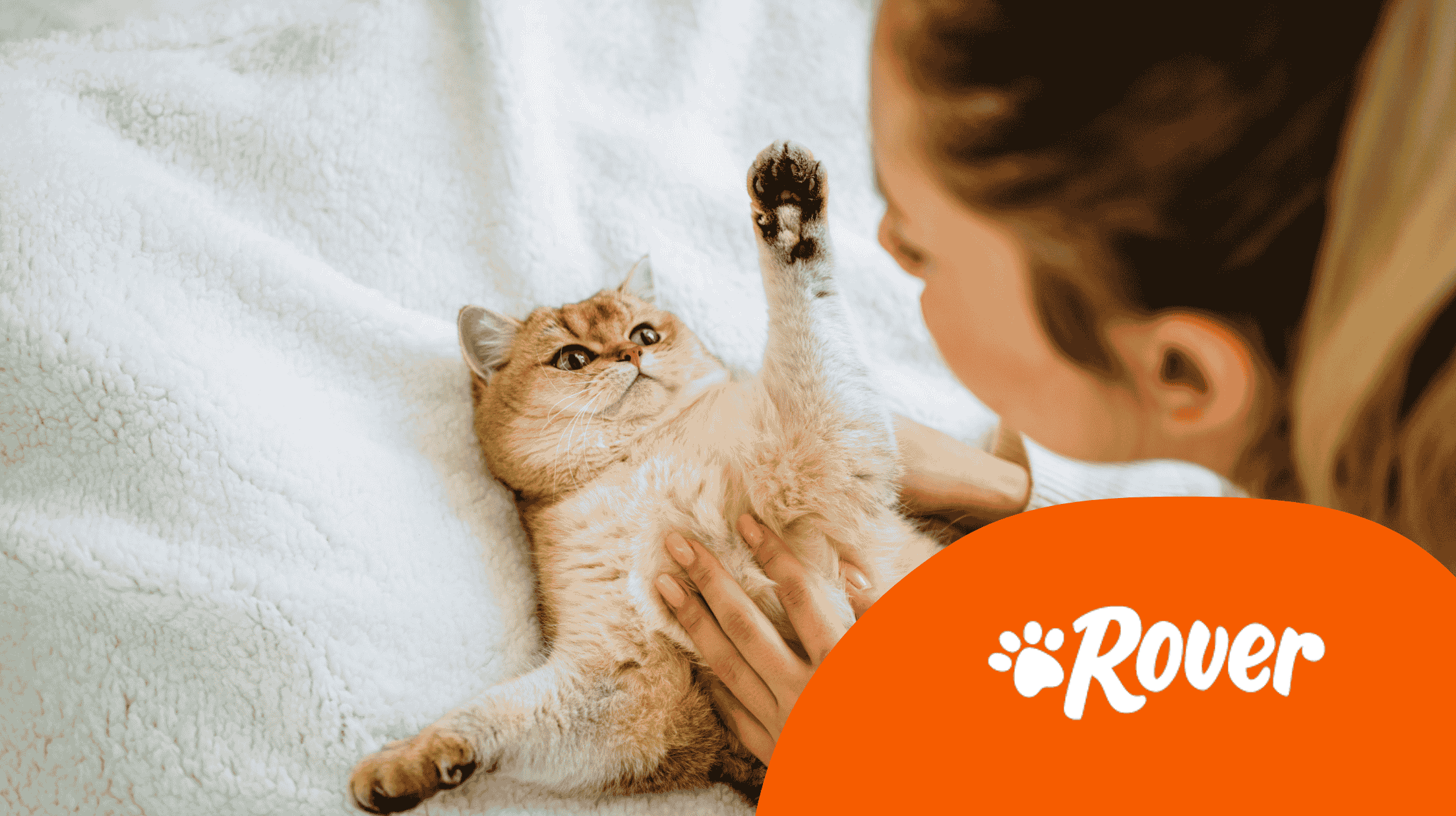 A woman is petting a cat on the bed.