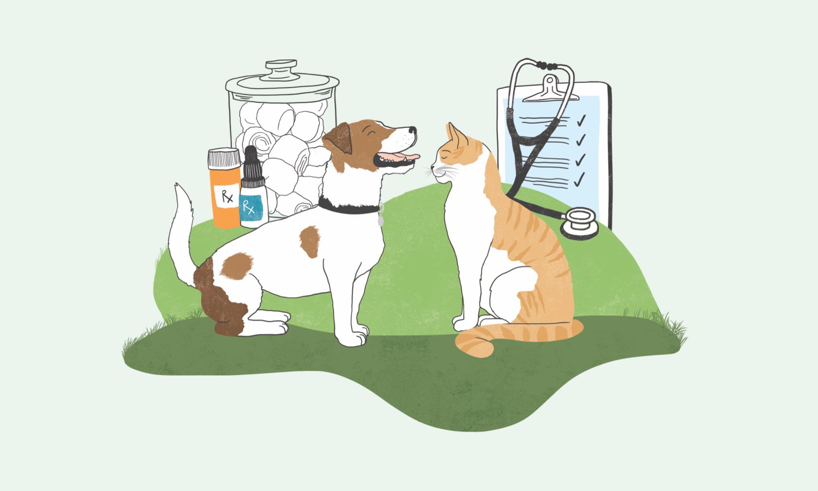 Illustration of dog and cat at vet