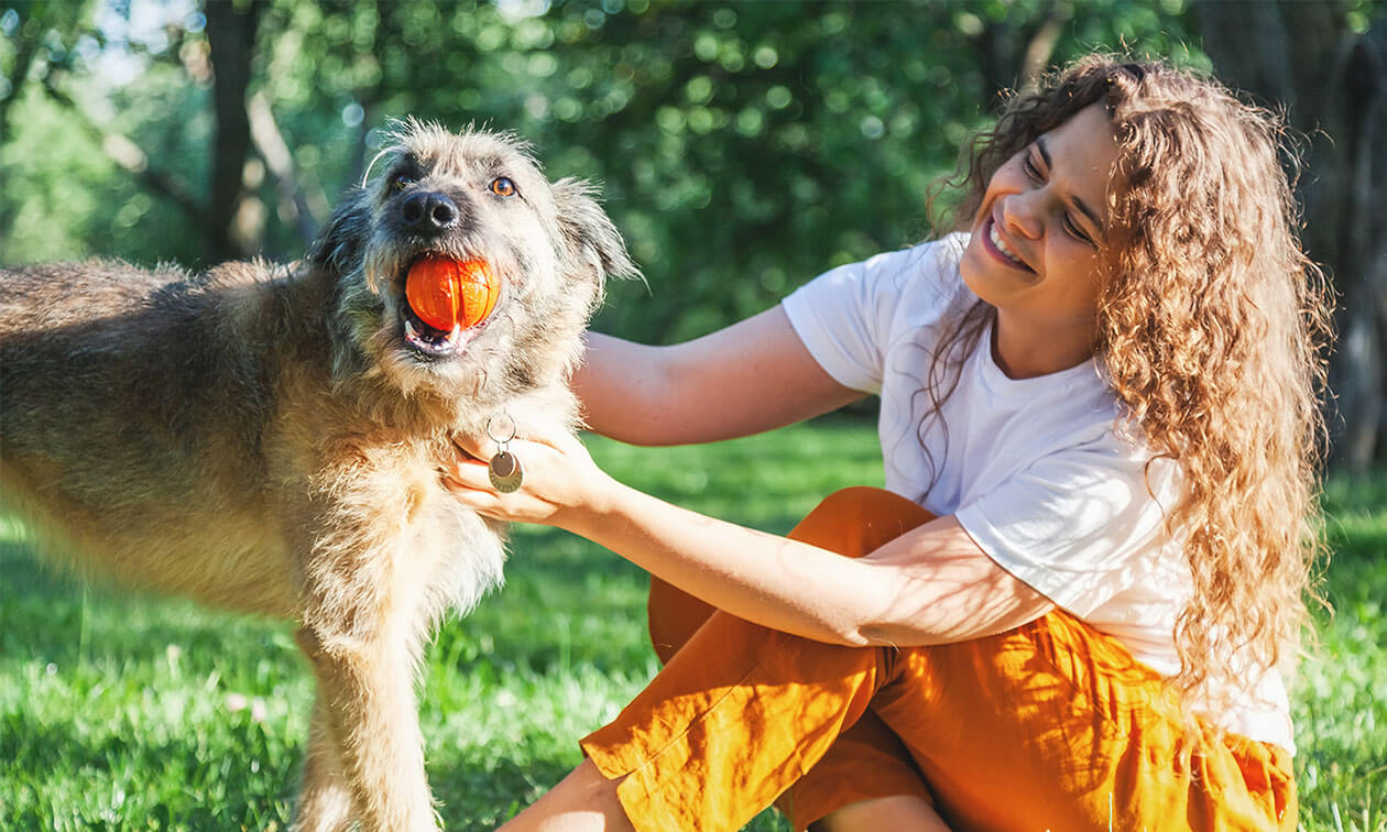 A woman is playing with a dog in the park.