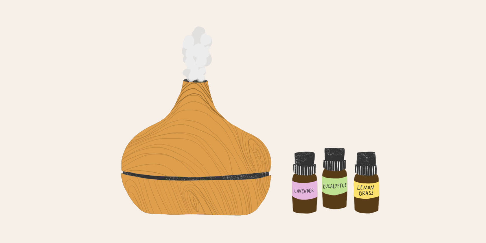 An illustration of essential oils and a humidifier.