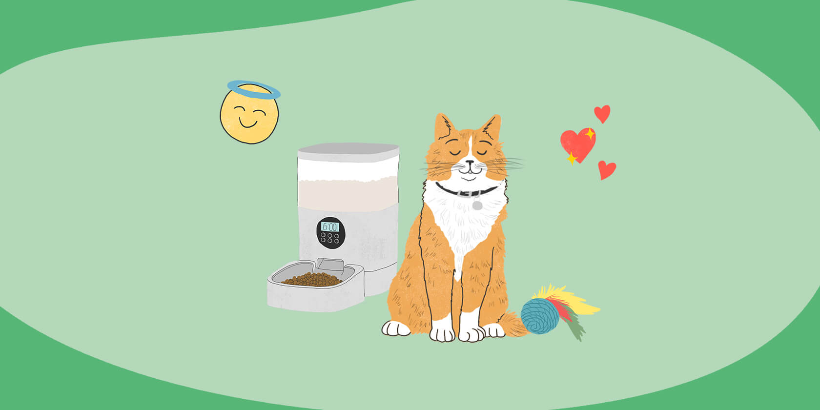 Cat with automatic feeder and toys