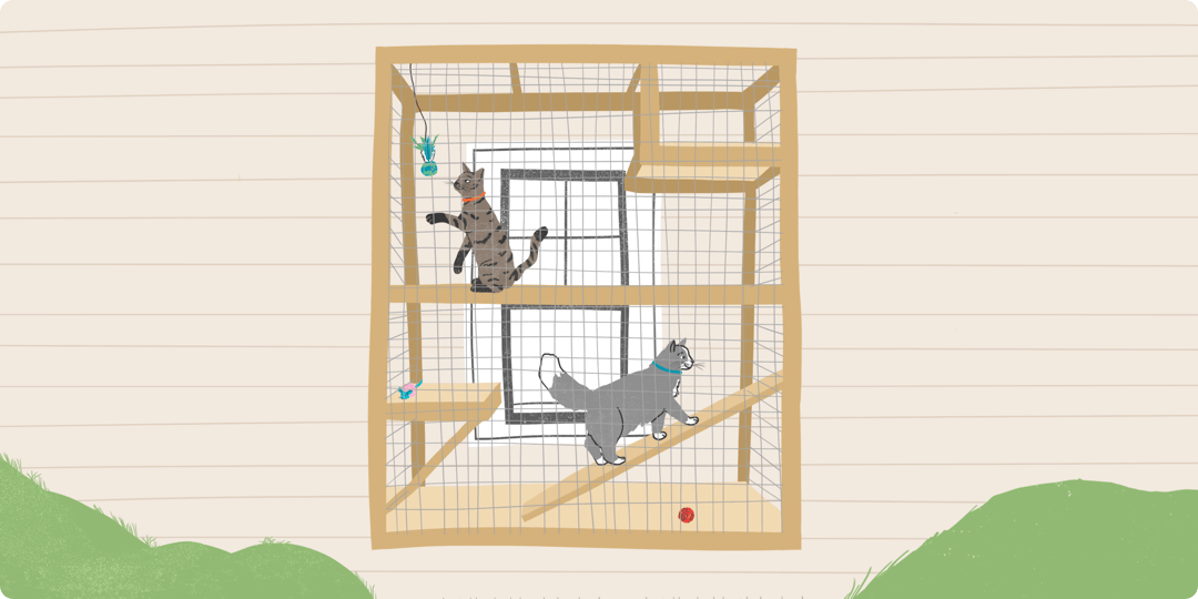 Illustrated cats in a window catio.