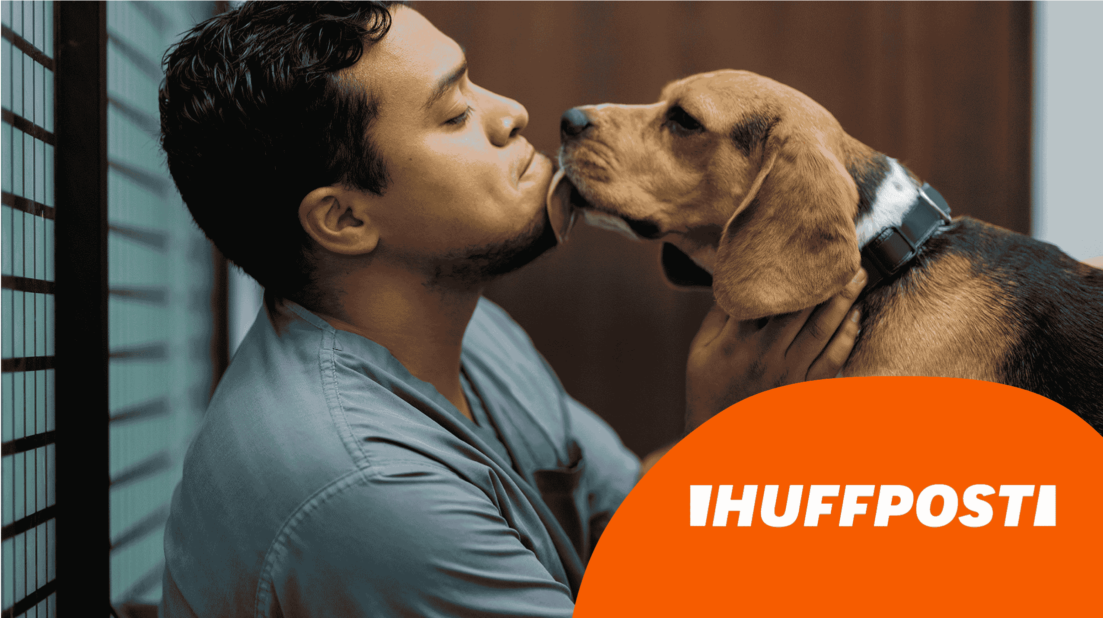 A dog licking a man's face.
