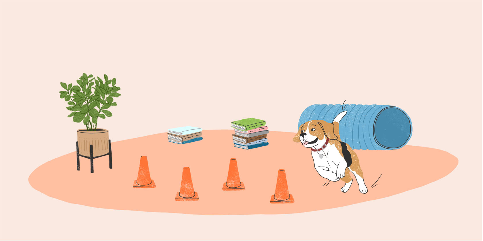 Illustrated dog running an obstacle course.