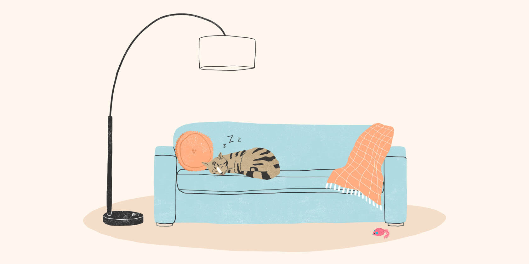 Illustrated cat sleeping on a couch.