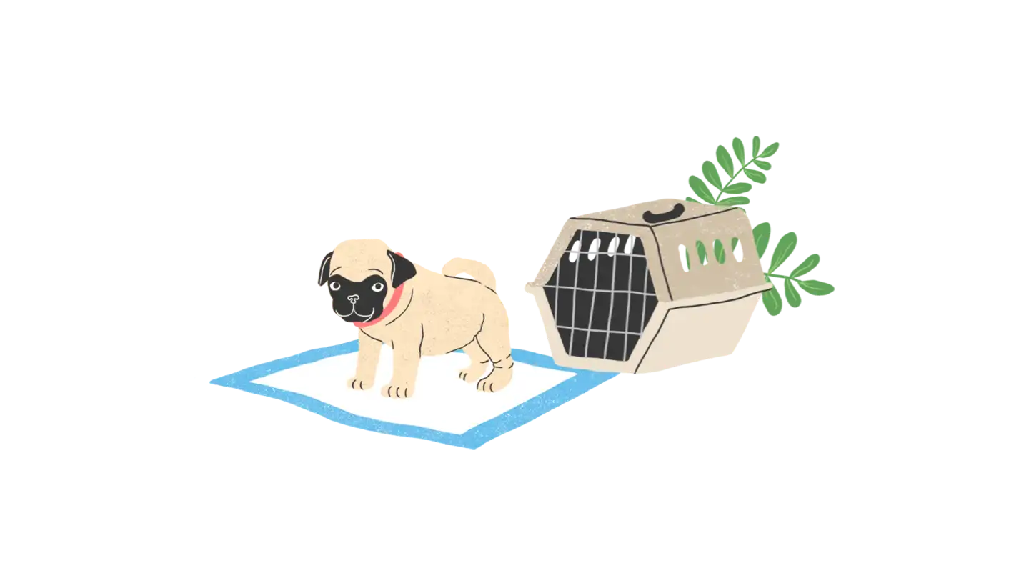 A small pug dog standing next to a cage.