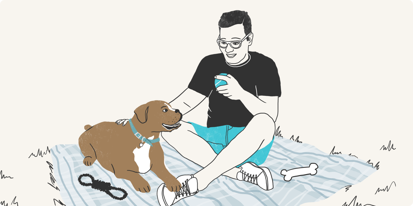 Illustrated man with his dog sitting on a blanket outdoors