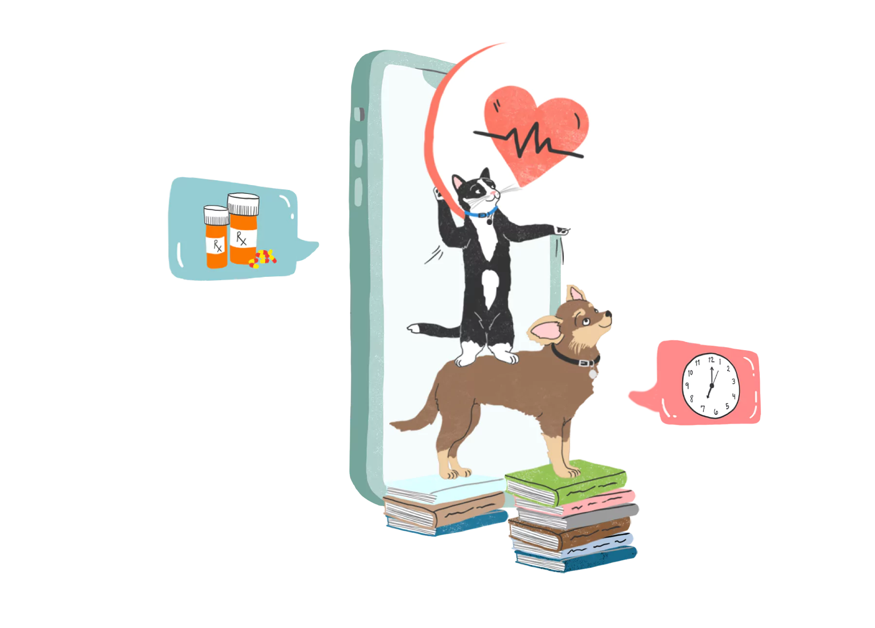 Illustration of dog and cat in front of mobile phone.