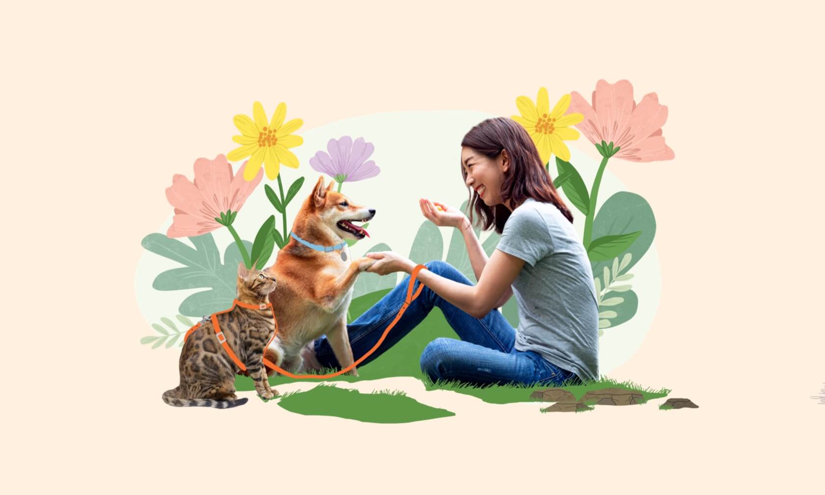 woman sitting in field of flowers with pets
