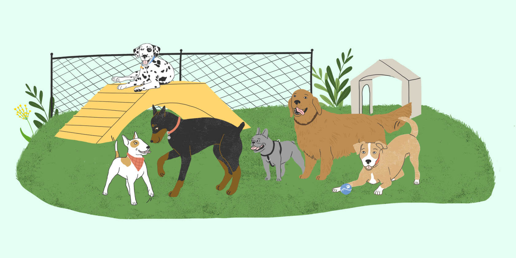 Illustrated dogs playing in a dog park.