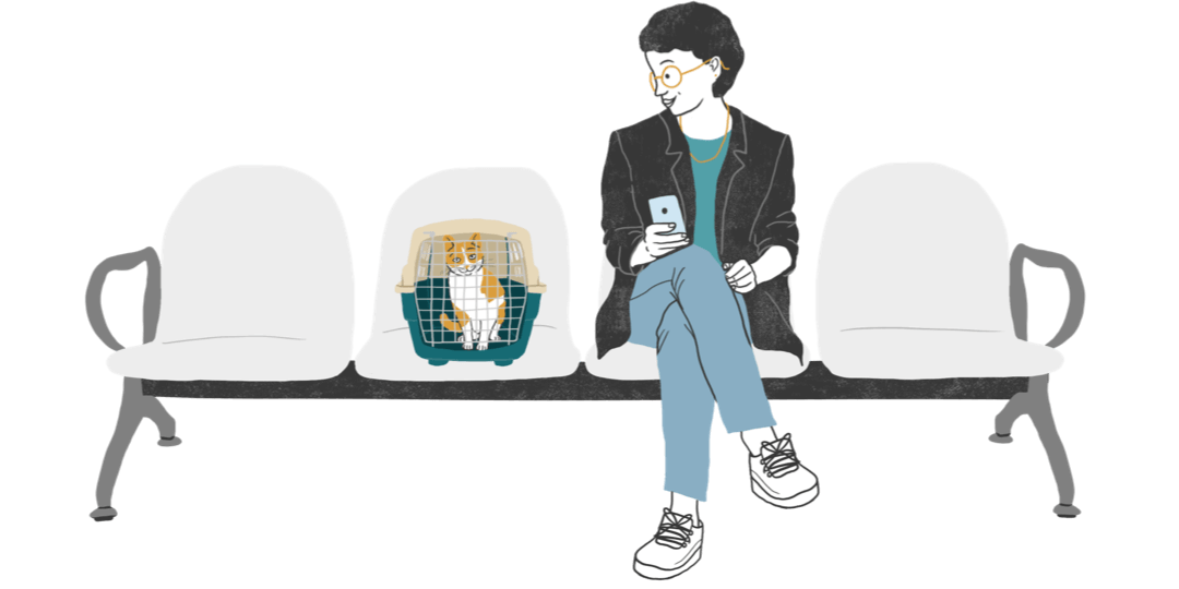 Illustrated woman sitting in a waiting room with her cat.