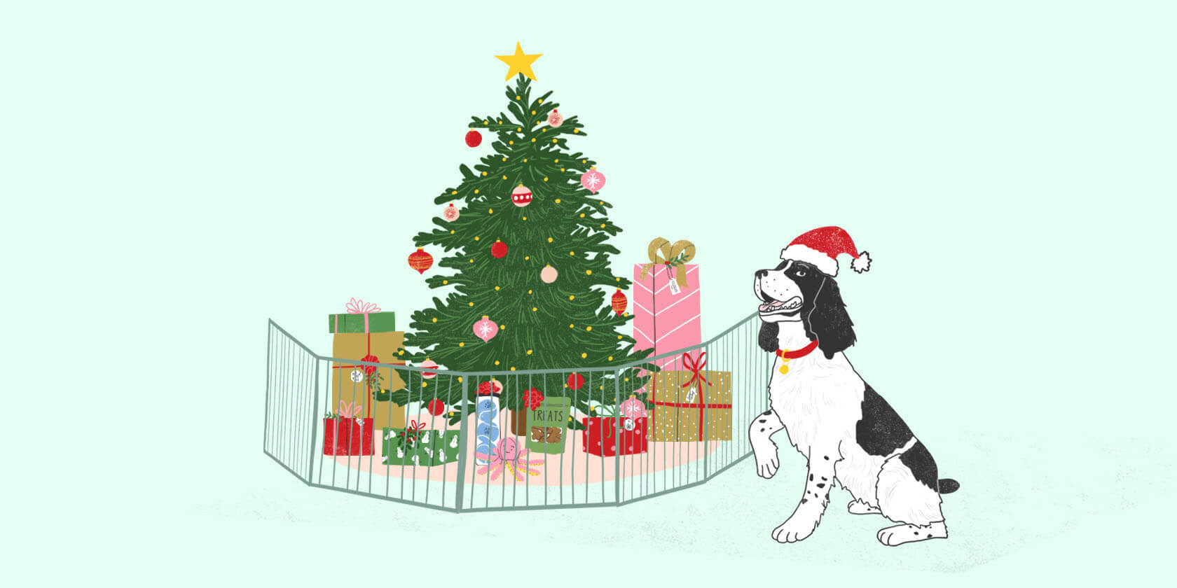 Dog sitting next to Christmas tree