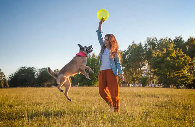 A woman playing frisbee with her dog in a field.