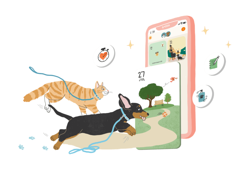 Illustration of dog and cat in a mobile app.