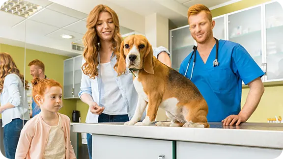 A woman and a man with a dog on a vet's counter.