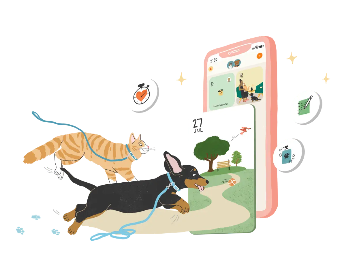 An illustration of a cat and dog running toward a mobile phone.