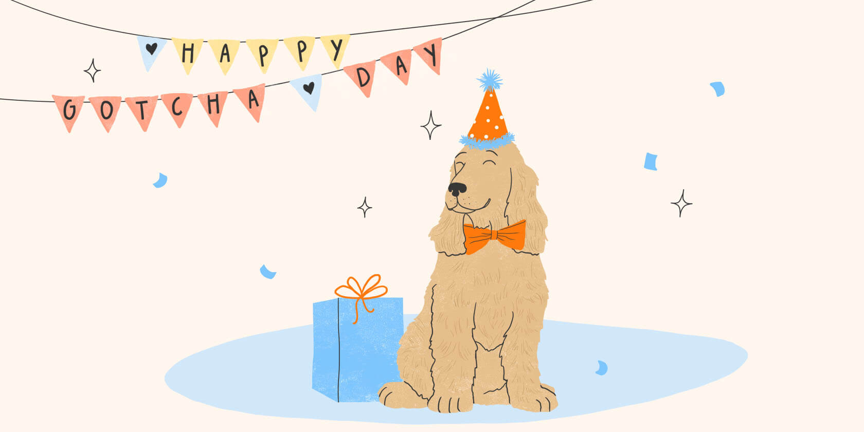 Illustrated dog with a present and party hat.