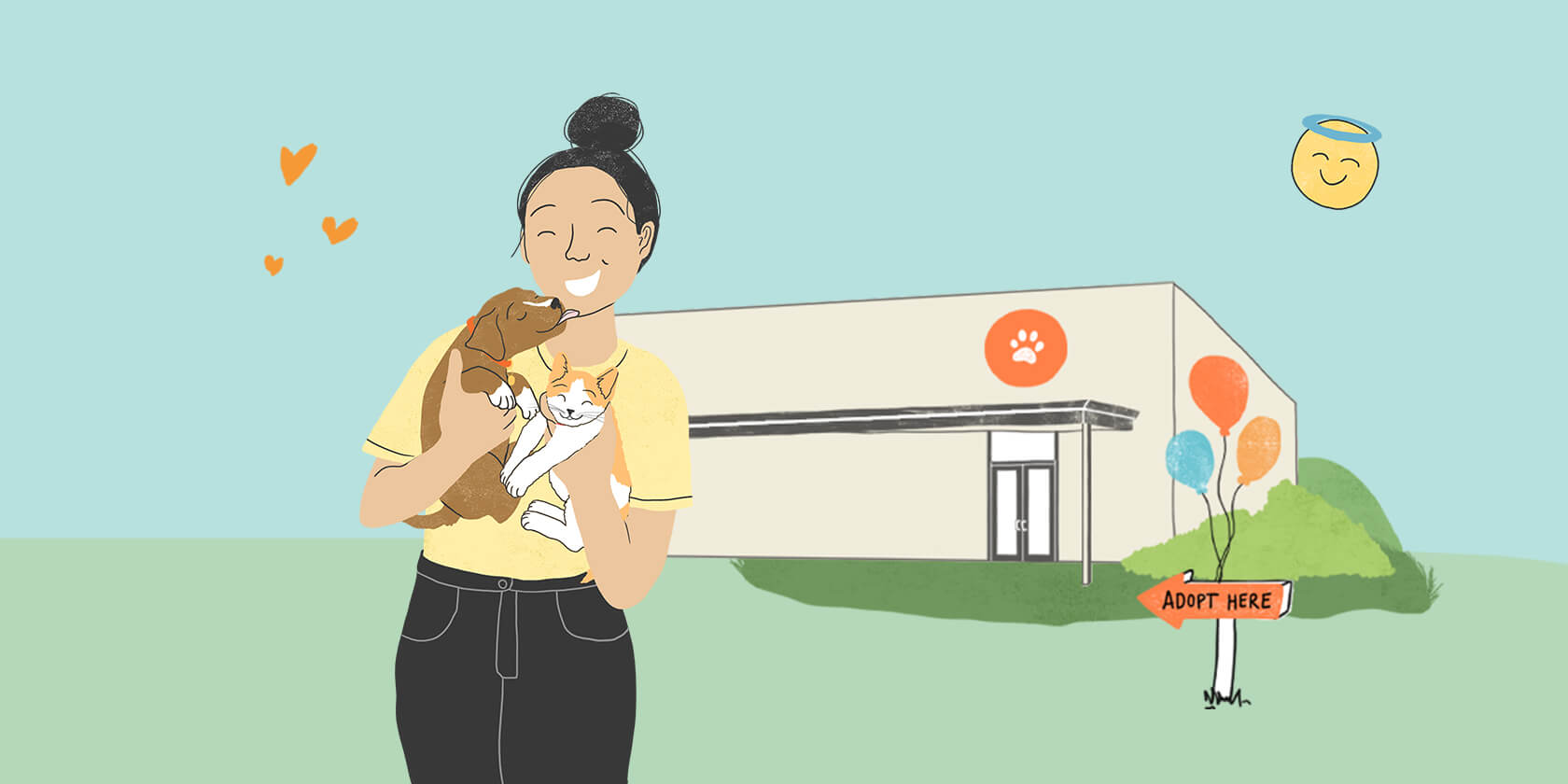 Woman with pets outside of animal shelter