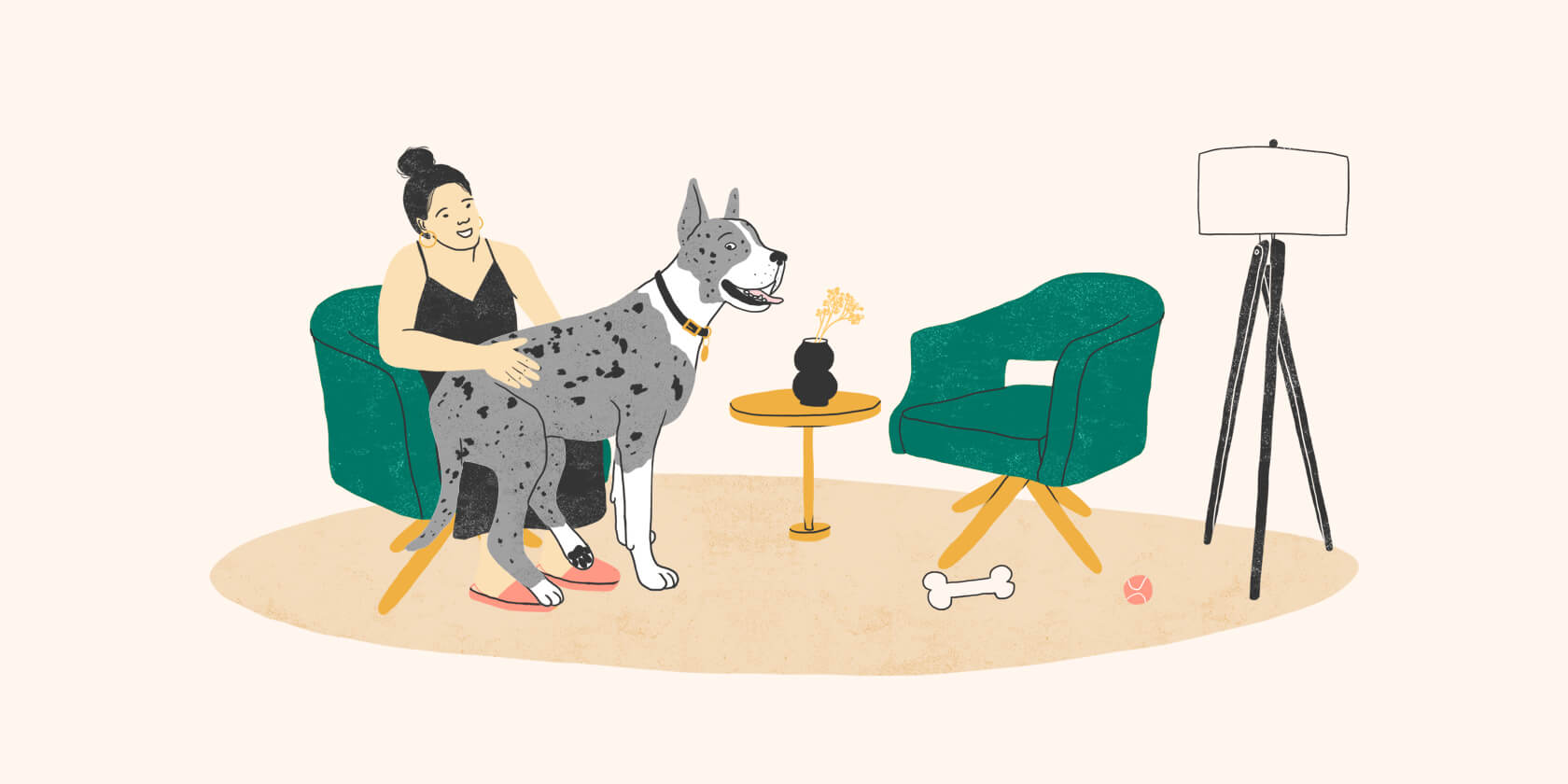 Illustration of a large dog sitting on its owner's lap.