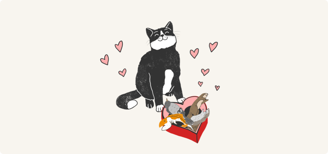 Illustrated cat presenting gifts