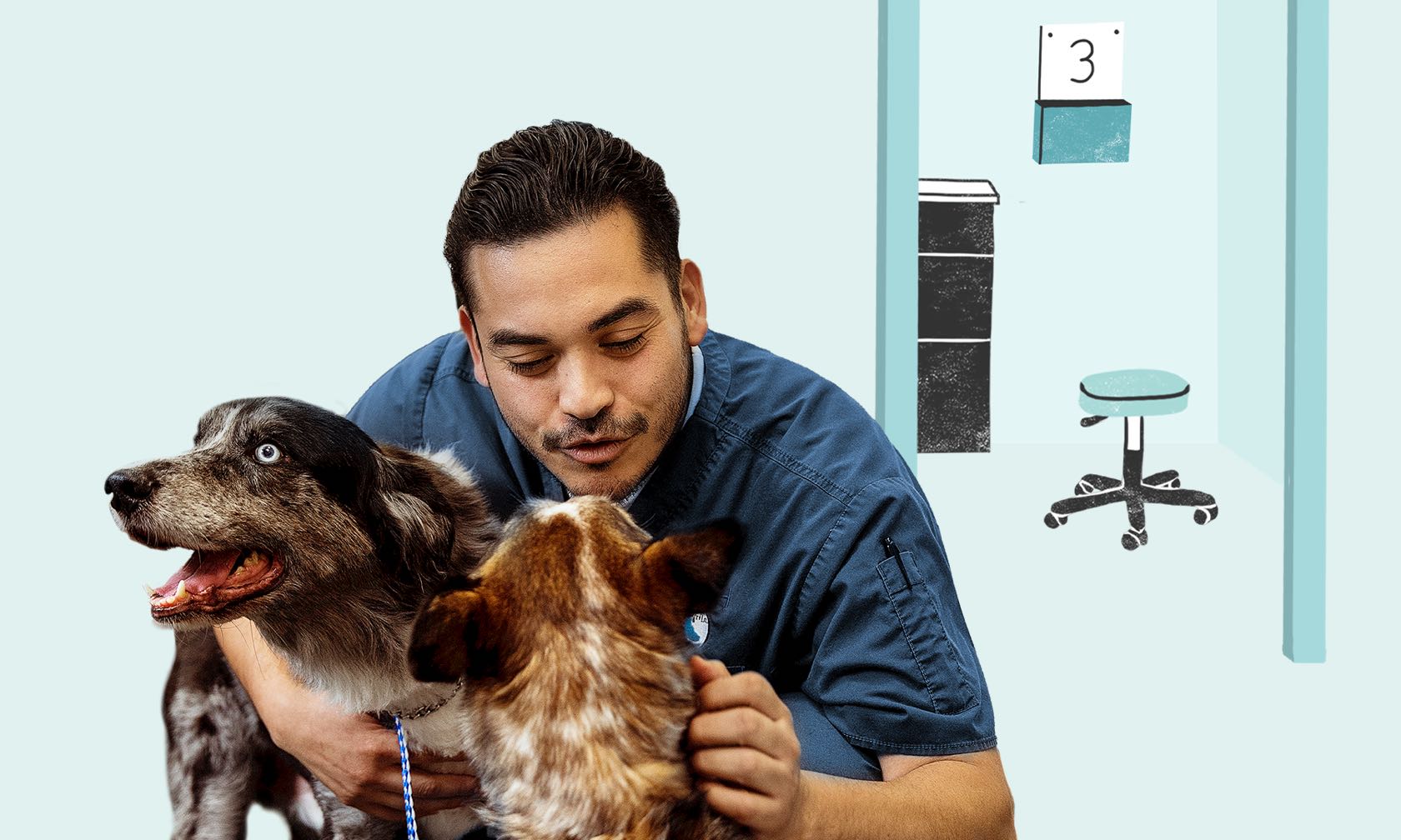 A man petting two dogs.