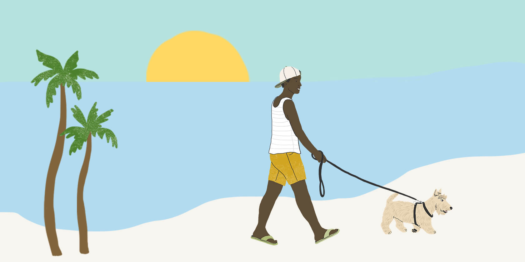 Man walking dog at the beach