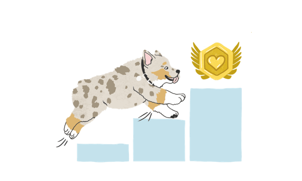 Illustration of dog jumping over a bar graph to get a gold medal.