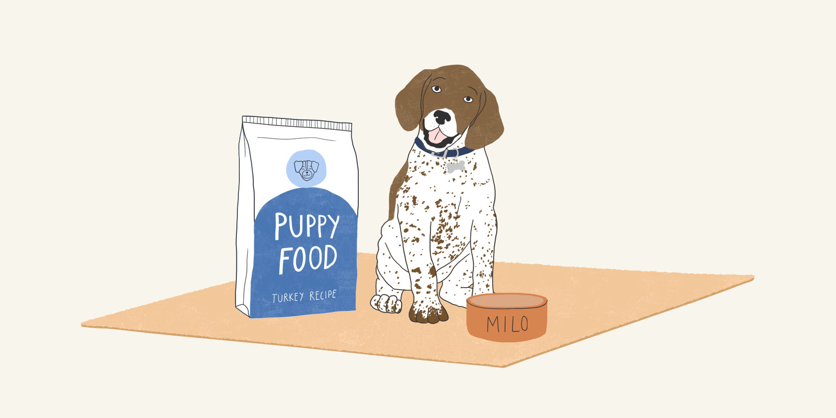 Illustrated dog sitting in front of their food bowl.