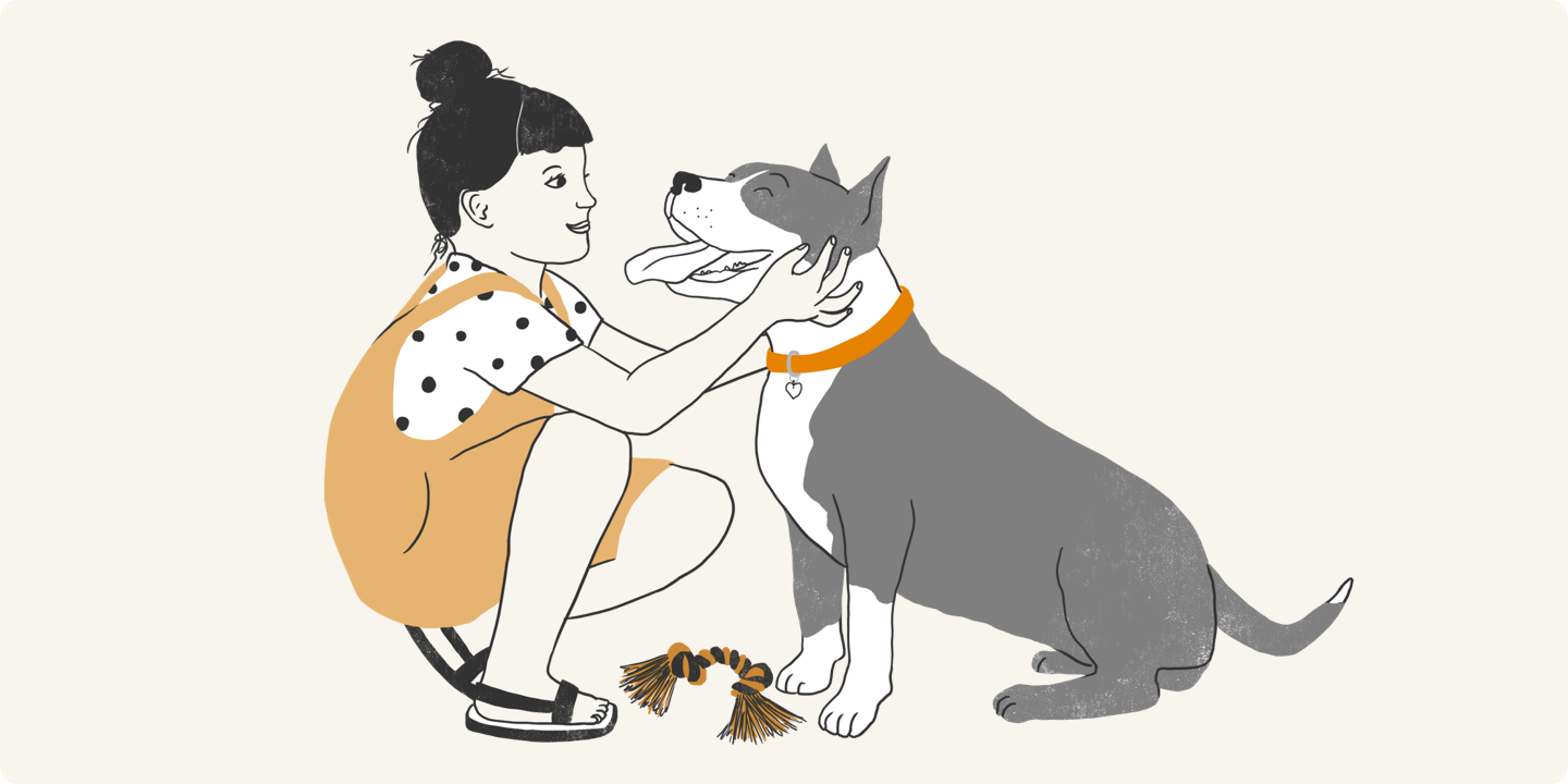 Illustrated girl showing her dog affection