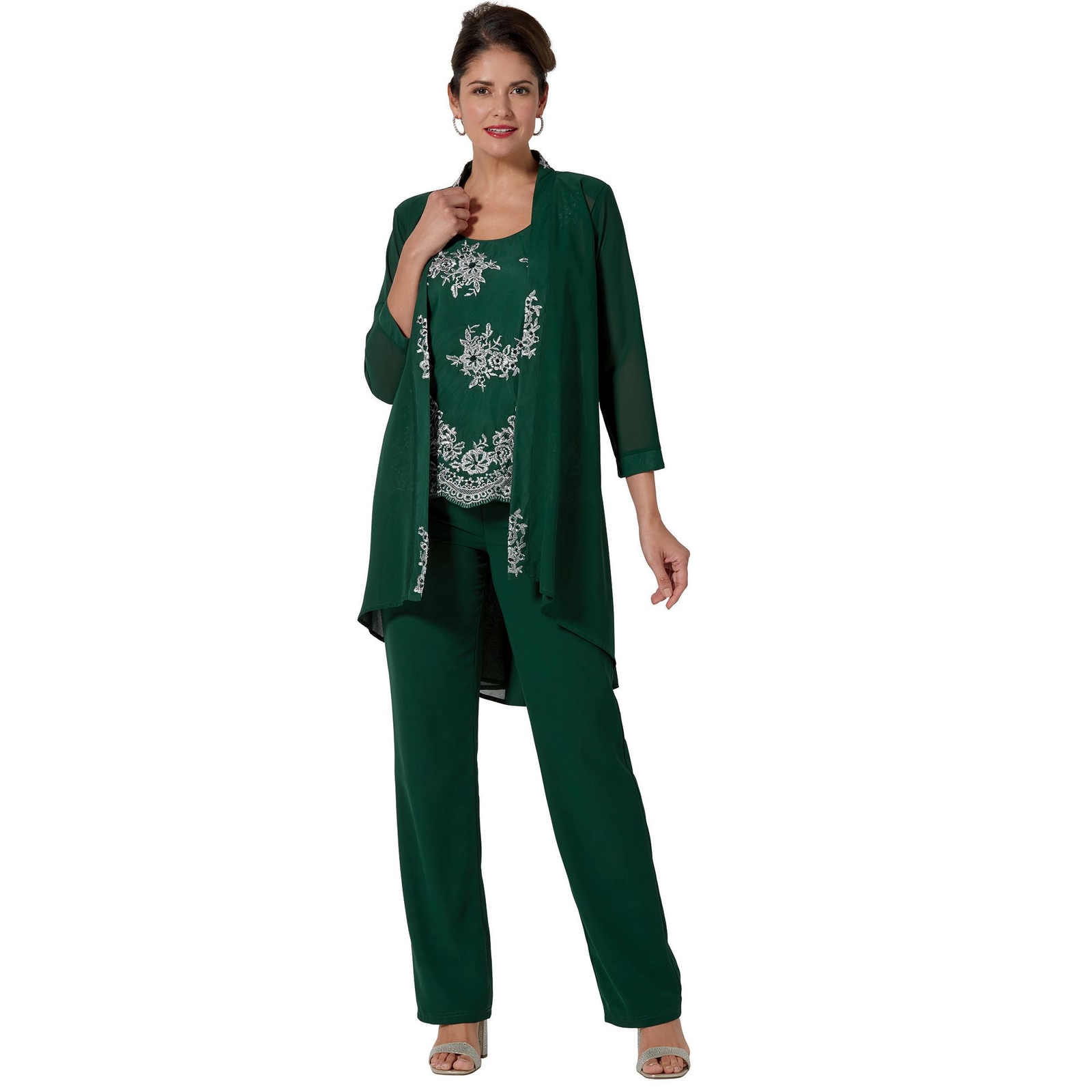 Masseys Sequin Embroidered 3-Piece Pant Set Green Sets S
