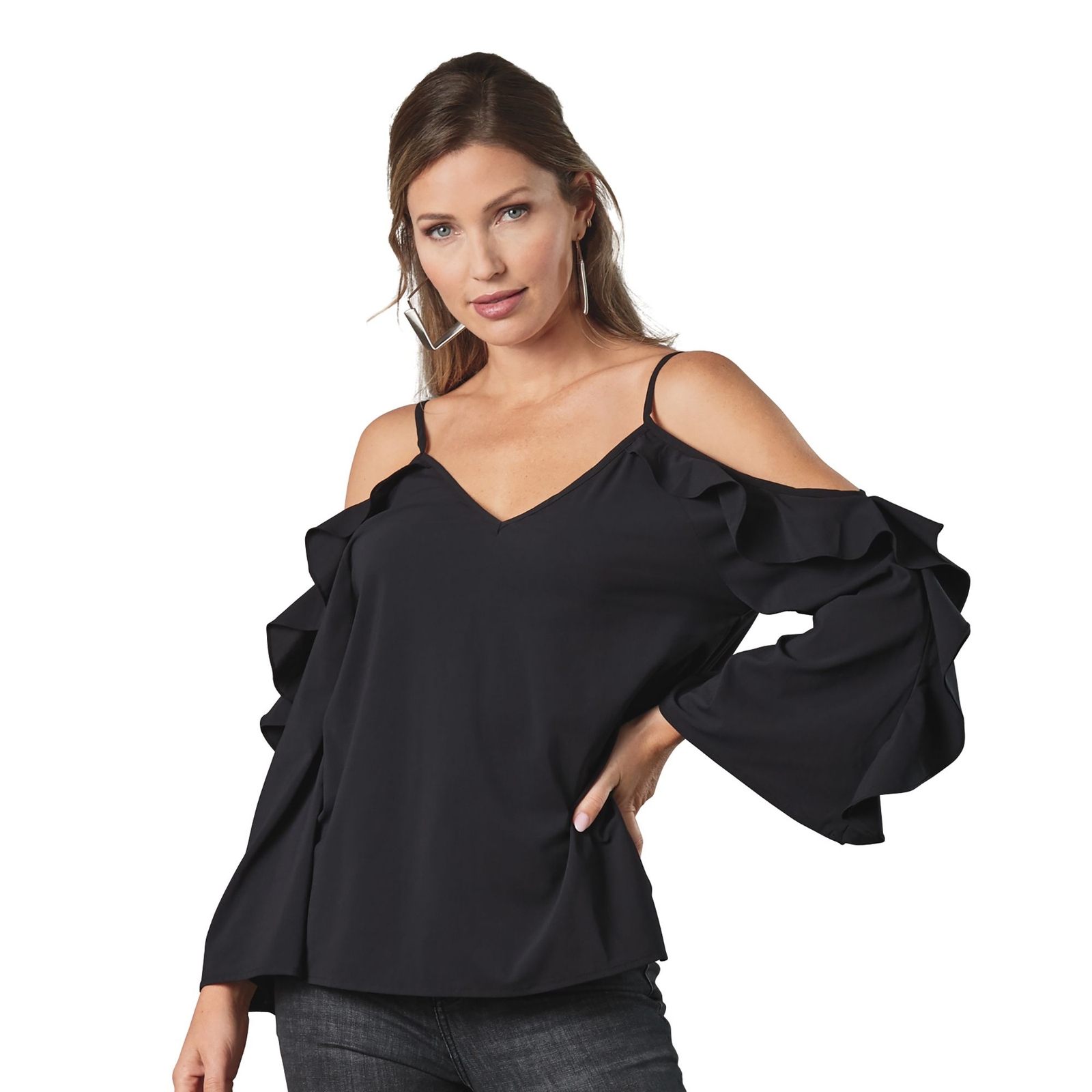 K. Jordan Ruffle Cold Shoulder Top Black Shirts L