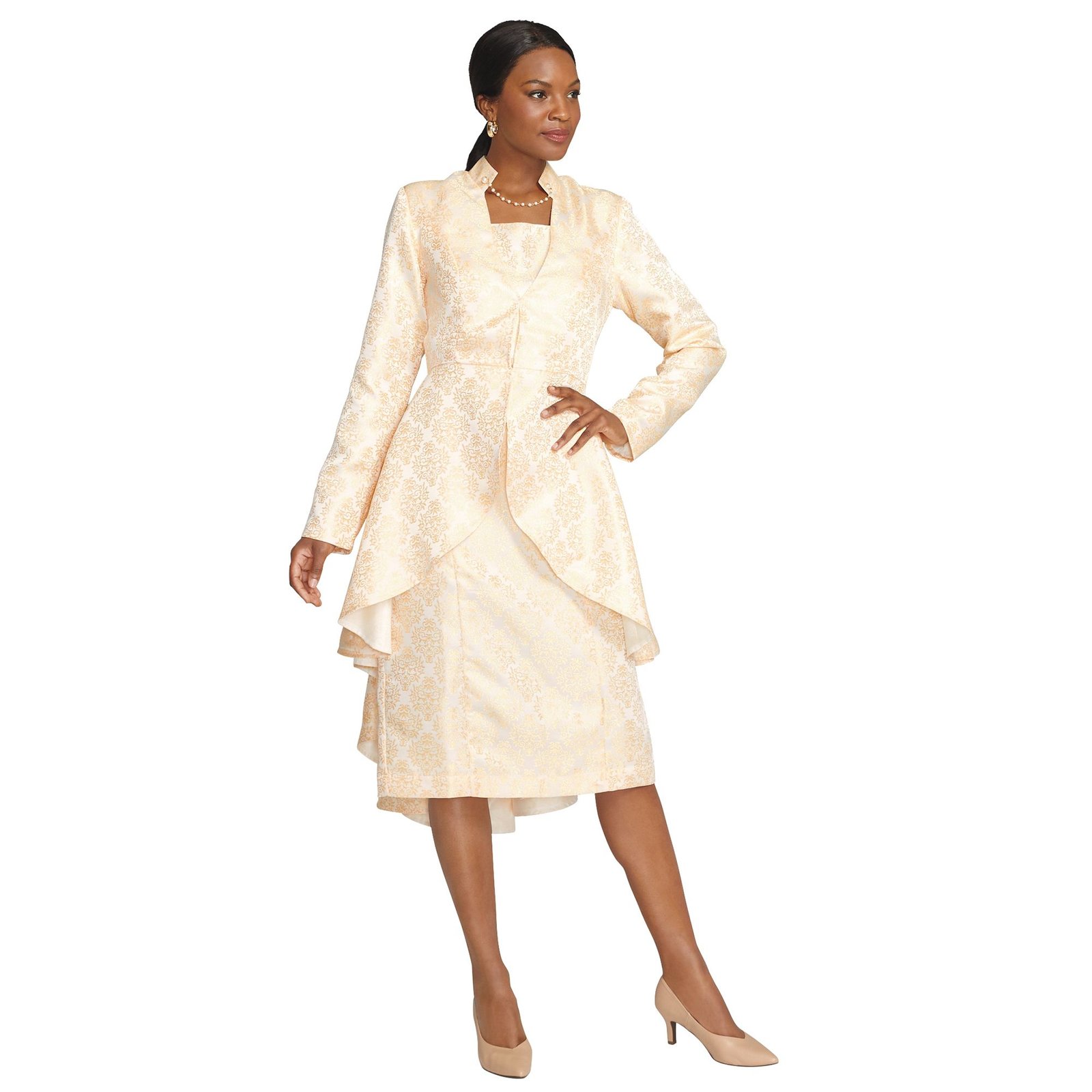 Masseys Jacquard High-Low Ruffle Jacket and Dress Suit Gold Suits