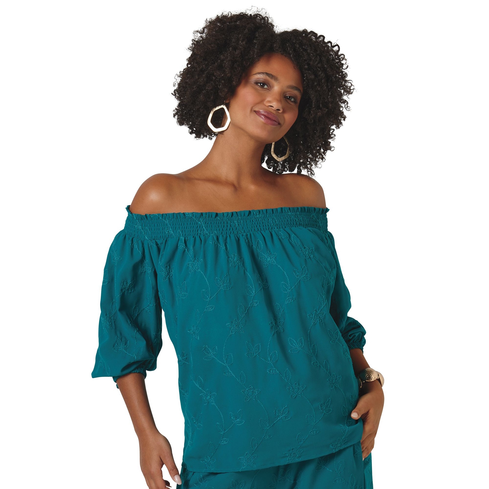 Masseys Off-The-Shoulder Embroidered Blouse Blue Shirts L