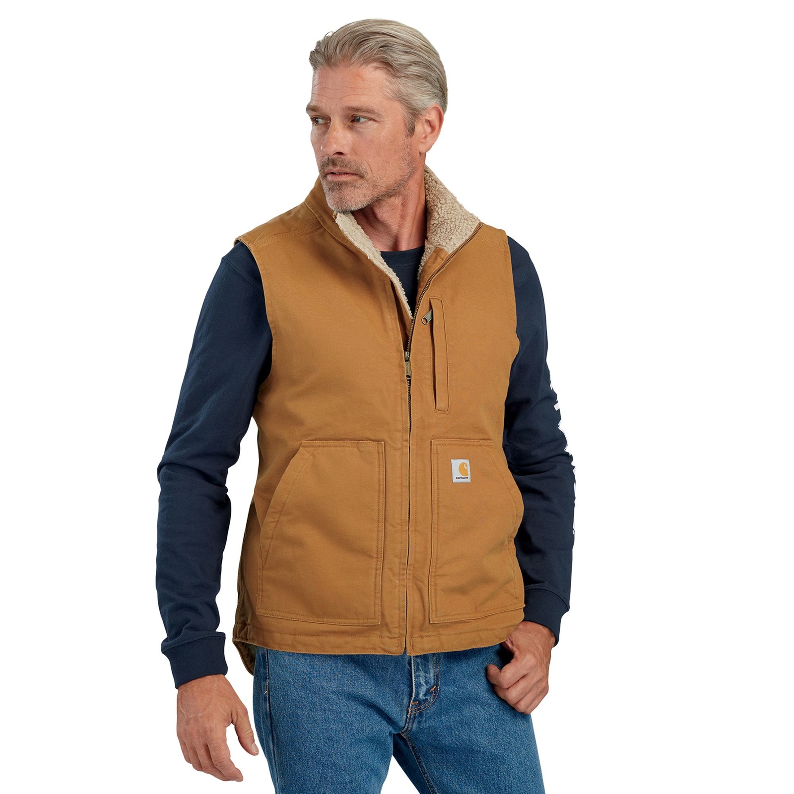 Carhartt Men's Washed Duck Sherpa-Lined Mock Neck Vest Brown Jackets XXXL