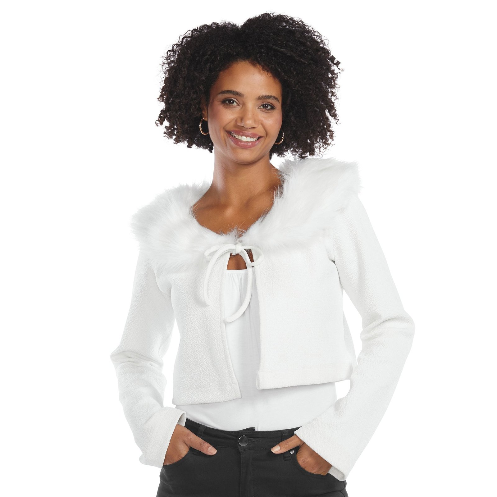 Masseys Faux Fur Tie Front Cardigan White Knit Tops 2X