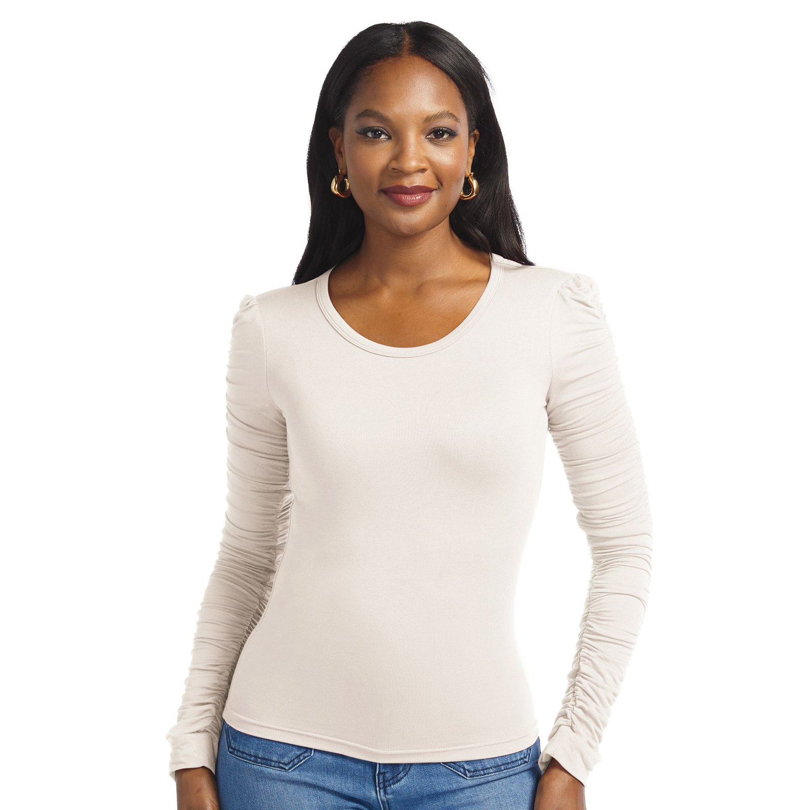 Masseys Ruched Long-Sleeved Top Bone Knit Tops