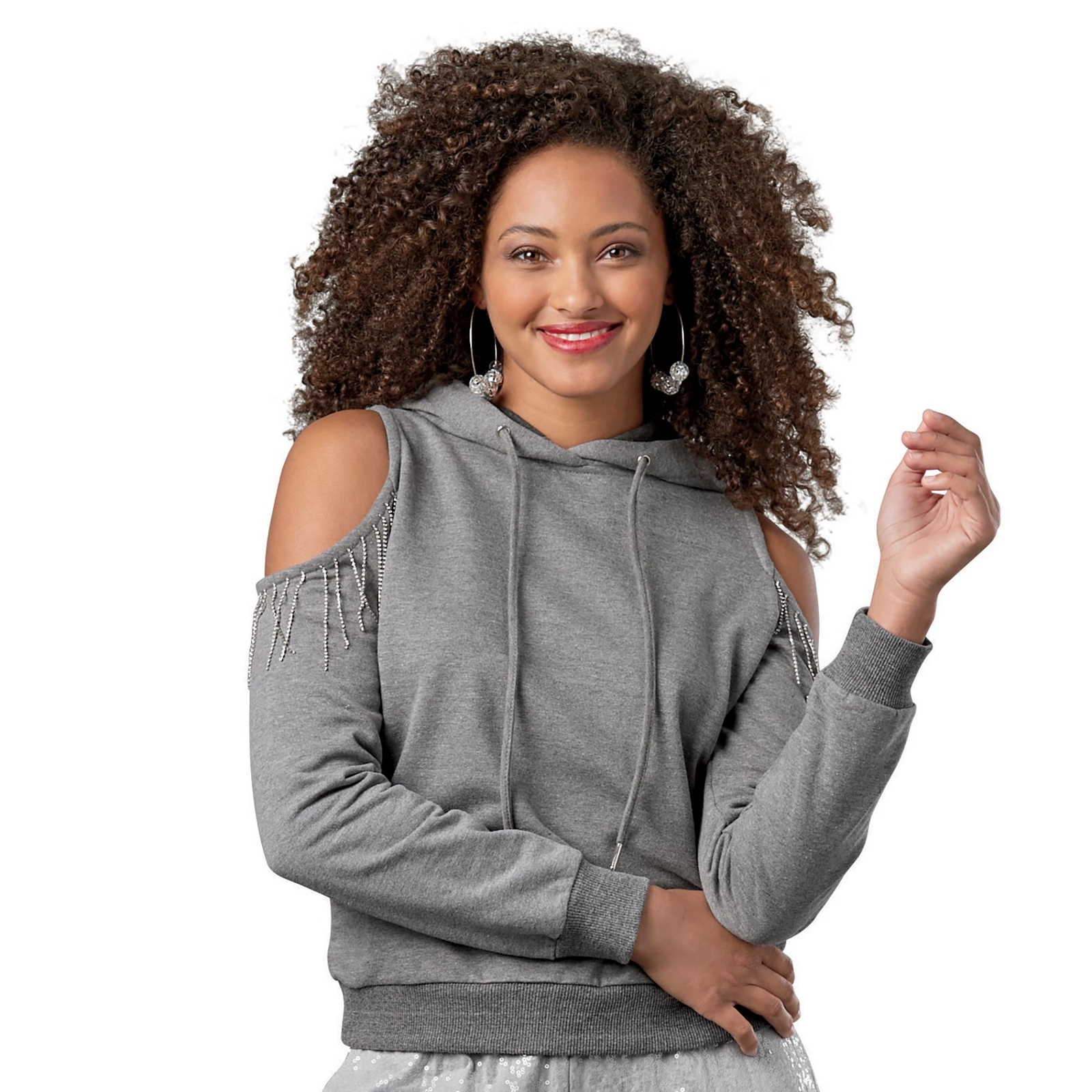 K. Jordan Cold Shoulder Rhinestone Hoodie Grey Jackets 1X