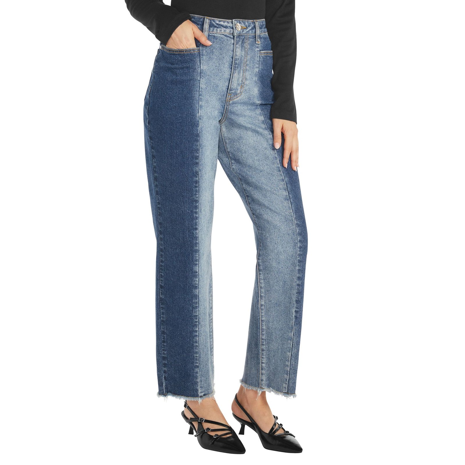 Masseys High-Rise Straight-Leg Two-Tone Jean Blue Pants 32W