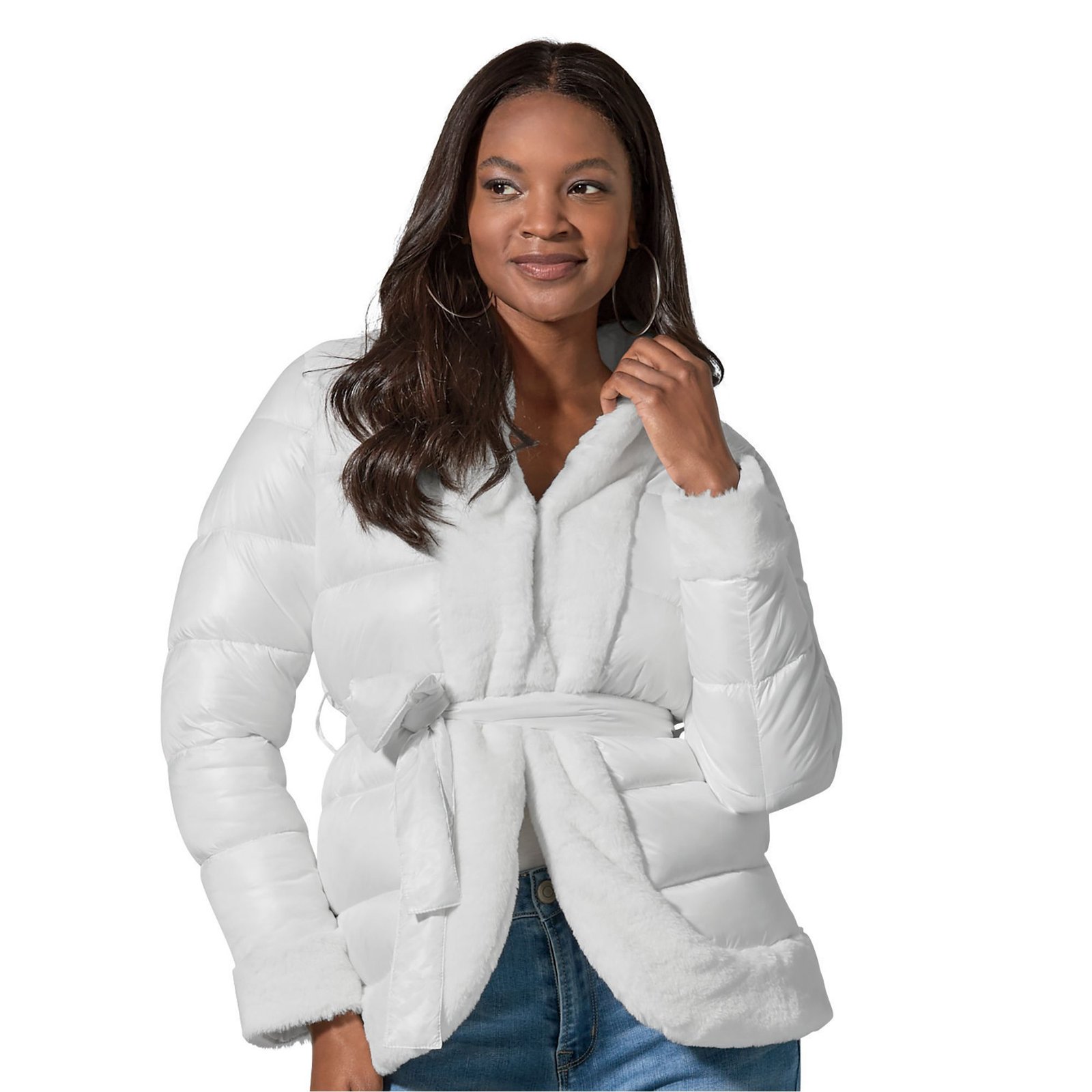 Masseys Faux Fur Trim Puffer Coat White Coats
