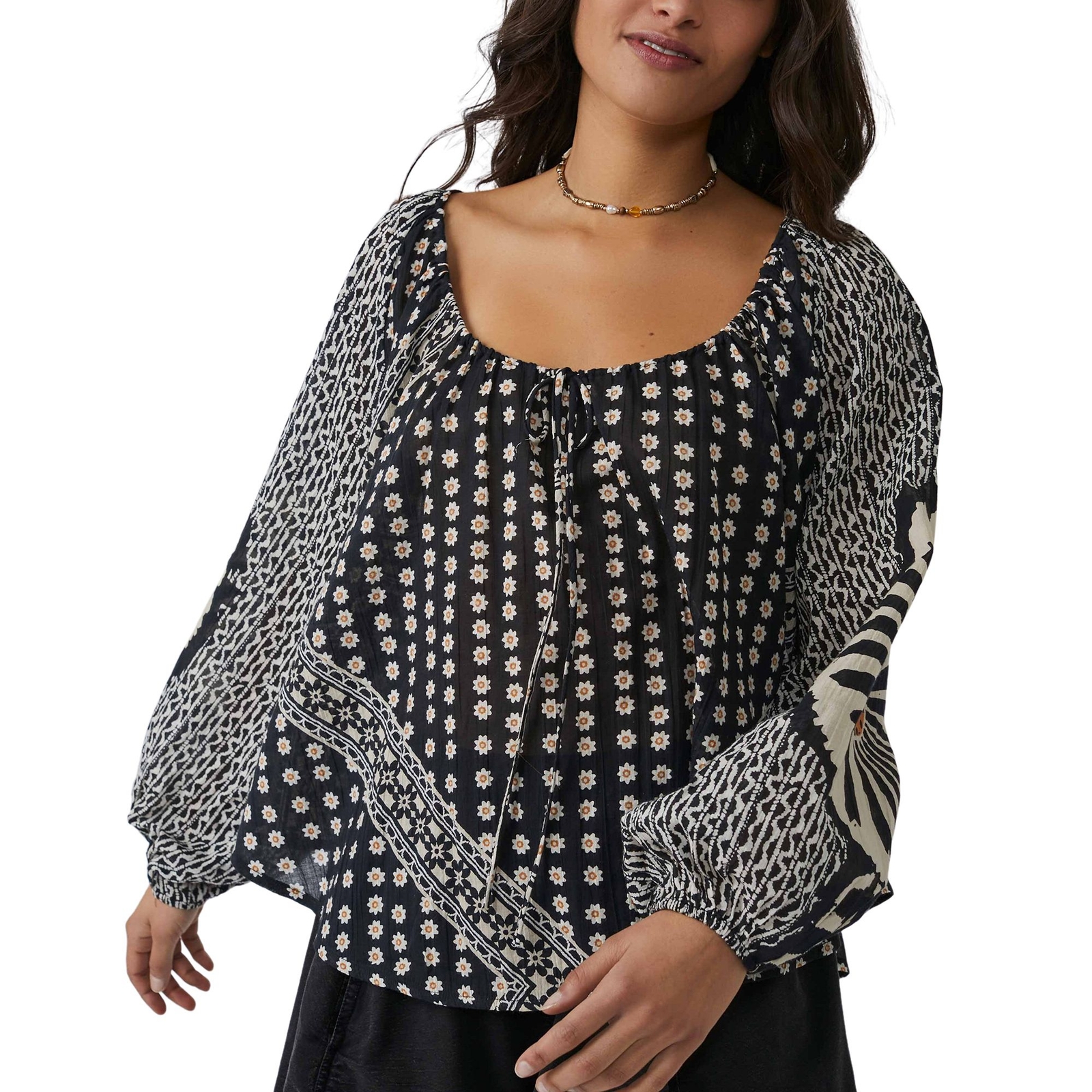 Free People Women's Elena Printed Shirt Black Shirts XL