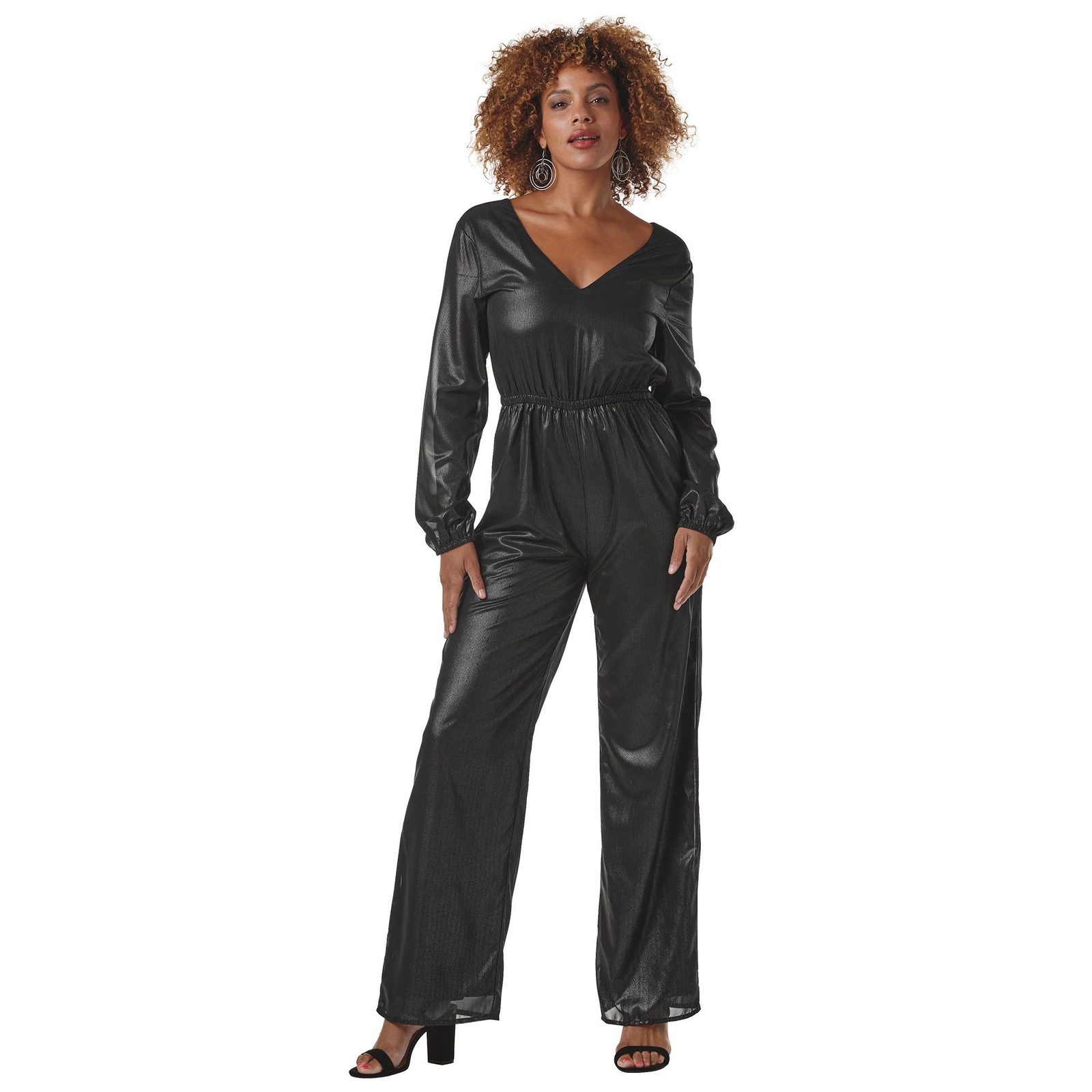K. Jordan Metallic Wide-Leg Jumpsuit Black Metallic Pants 1X-Regular