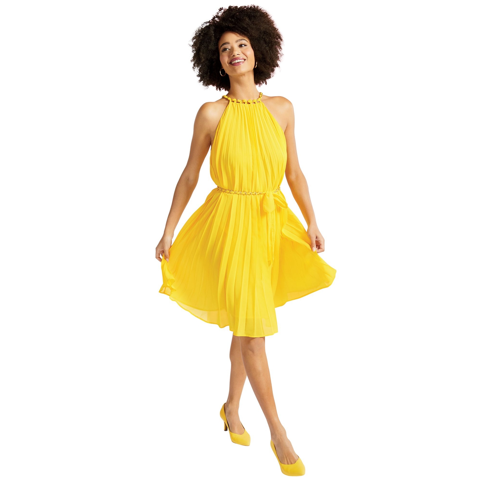 Masseys Pleated High Neck Dress Yellow Dresses 1X